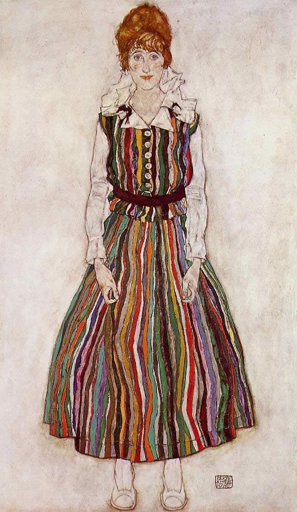 Egon Schiele Portrait of Edith Schiele in a Striped Dress